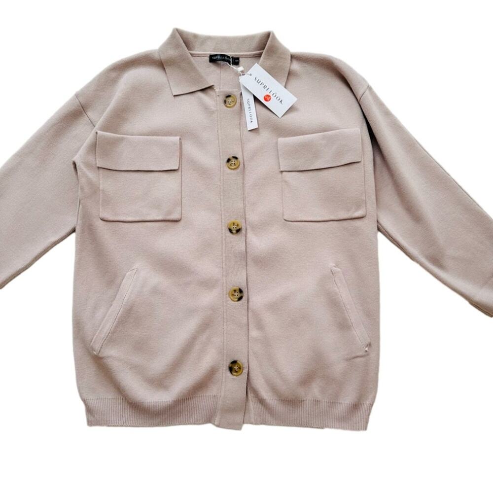 Suprelook Cardigan Top Shacket Taupe Knit Button Front Long Sleeve Small NEW - Picture 8 of 13